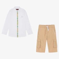 AIGNER Teen Boys White & Beige Logo Shorts Set