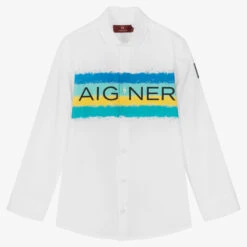 AIGNER Teen White & Blue Spray Stripe Logo Shirt