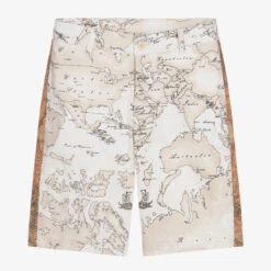 Alviero Martini Teen Boys Ivory Geo Map Bermuda Shorts