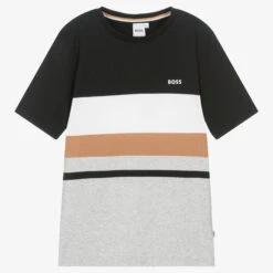 BOSS Teen Boys Black Stripe Cotton Logo T-Shirt