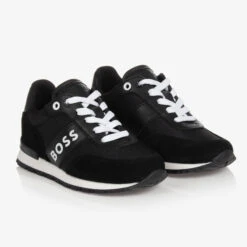 BOSS Teen Boys Black Suede Leather Logo Trainers