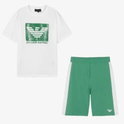 Emporio Armani Teen Boys Green Sketch Logo Shorts Set