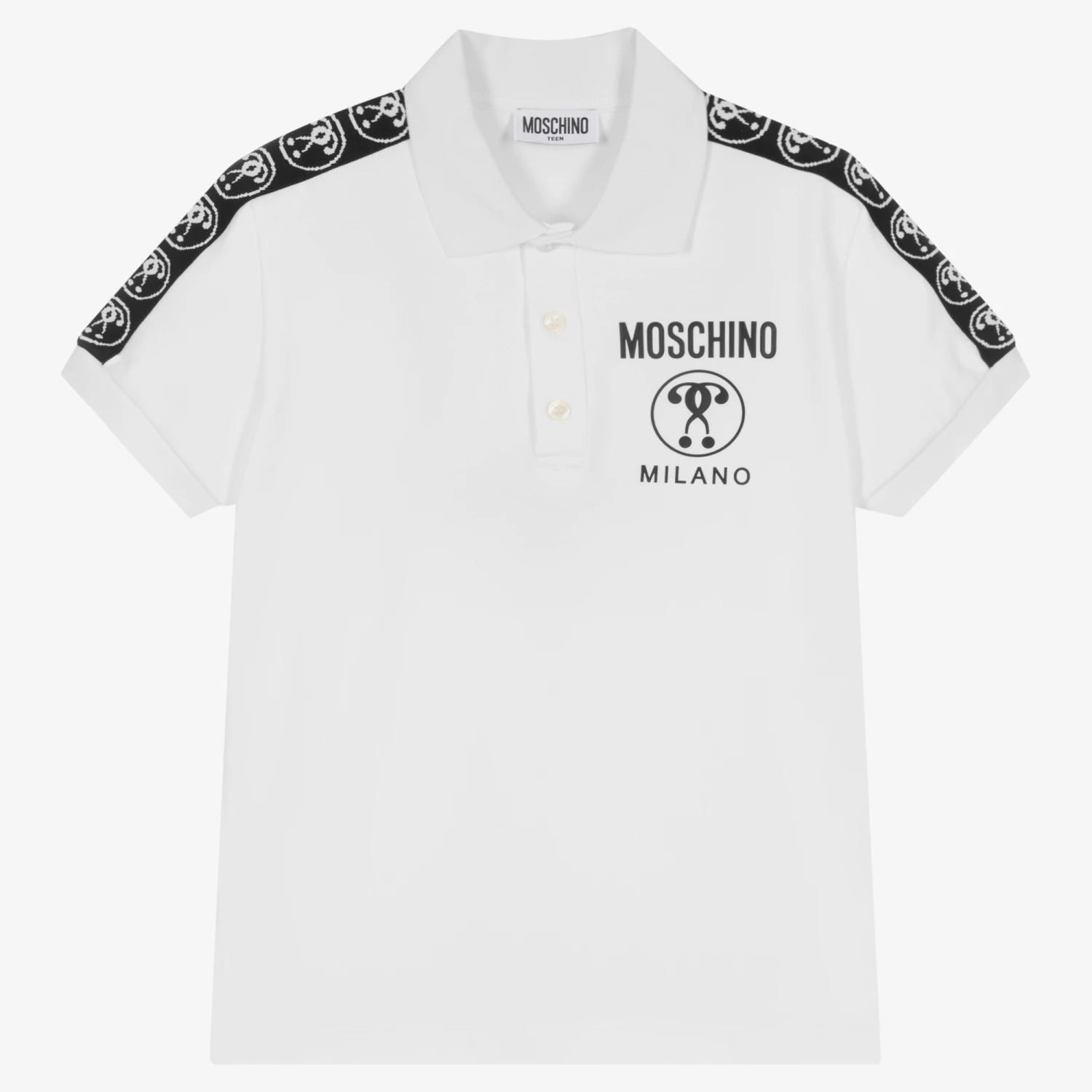 Moschino Kid-Teen Teen Boys White Cotton Piqué Polo Shirt 3 Moschino Kid-Teen Teen Boys White Cotton Piqué Polo Shirt