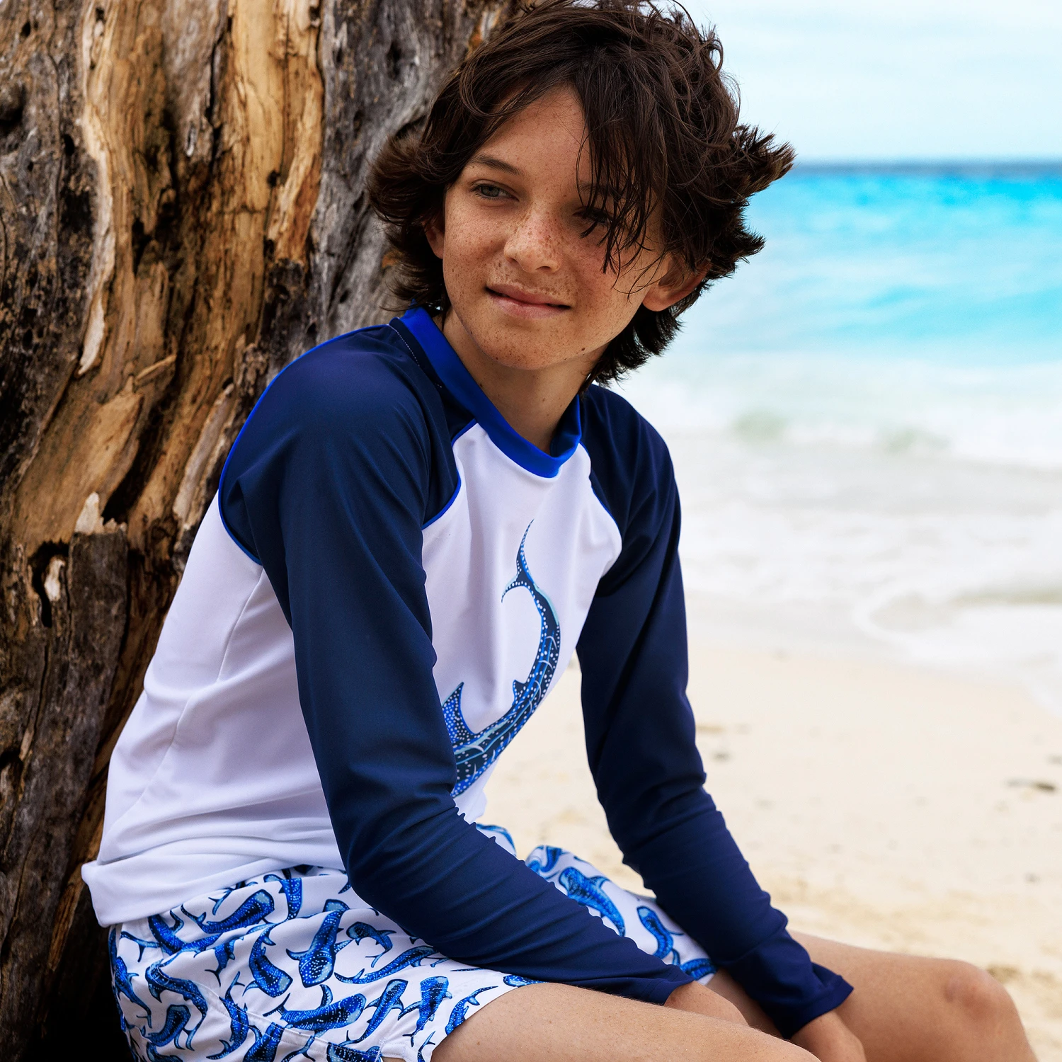 Sunuva Teen Boys White & Blue Shark Swim Top 4 Sunuva Teen Boys White & Blue Shark Swim Top - Image 2