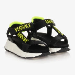 Versace Teen Black & Neon Trigreca Logo Sandals