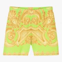 Versace Teen Boys Green & Gold Barocco Swim Shorts
